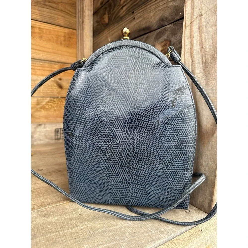 Vintage ETRA Genuine Leather Blue‎ Envelope Clutch Bag Purse Blue Lizard Look